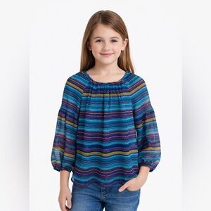 Amy’s Closet Girls Size L 14 Teal Multicolor Stripe Sheer Blouse